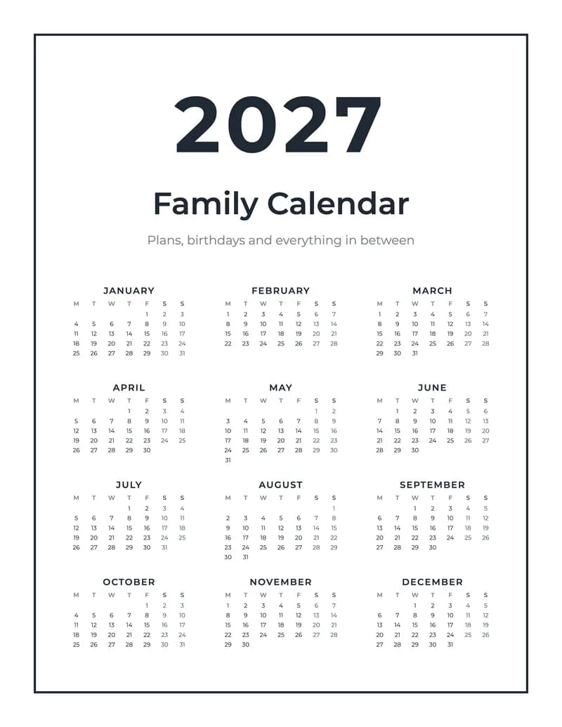 2027 Minimal Calendar (US Letter)