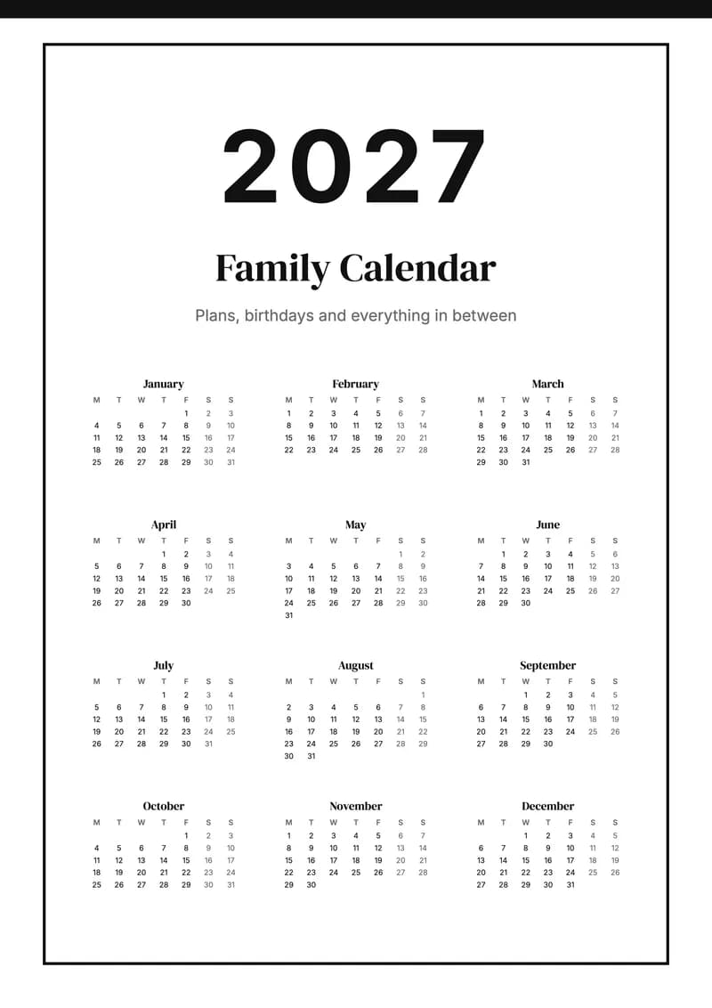 2027 Modern Mono Calendar (A4)