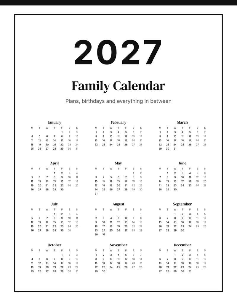2027 Modern Mono Calendar (US Letter)