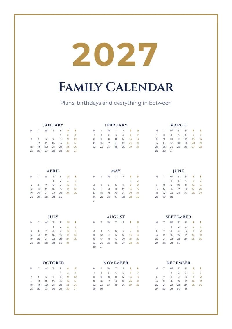 2027 Navy & Gold Calendar (A4)