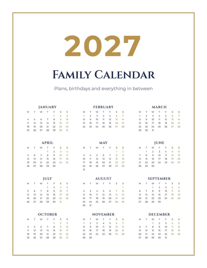 2027 Navy & Gold Calendar (US Letter)