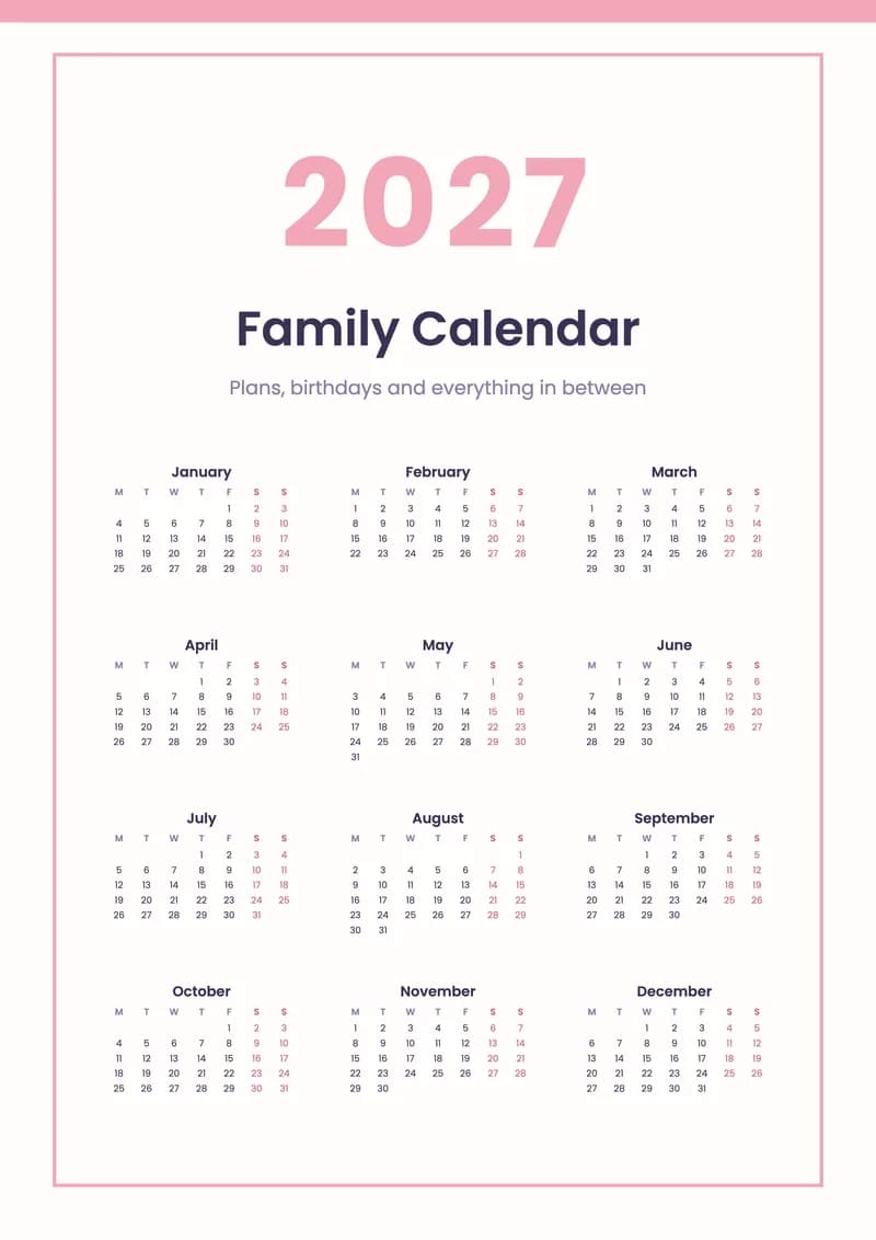 2027 Pastel Calendar (A4)