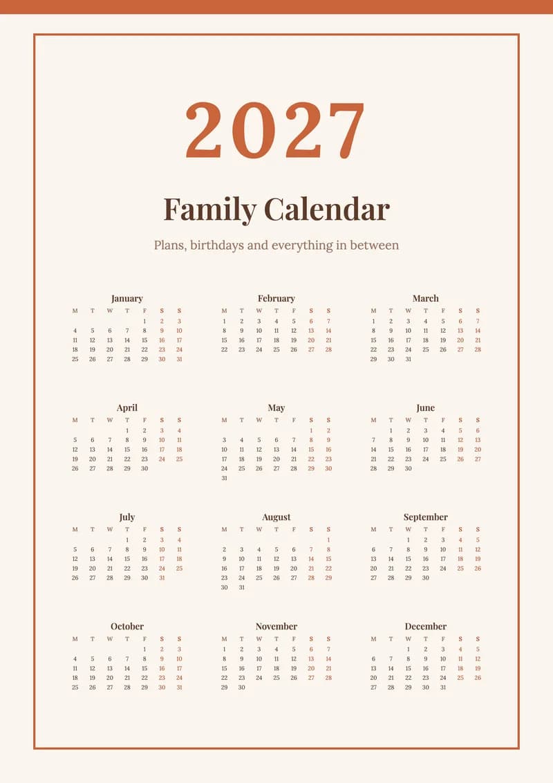 2027 Terracotta Calendar (A4)