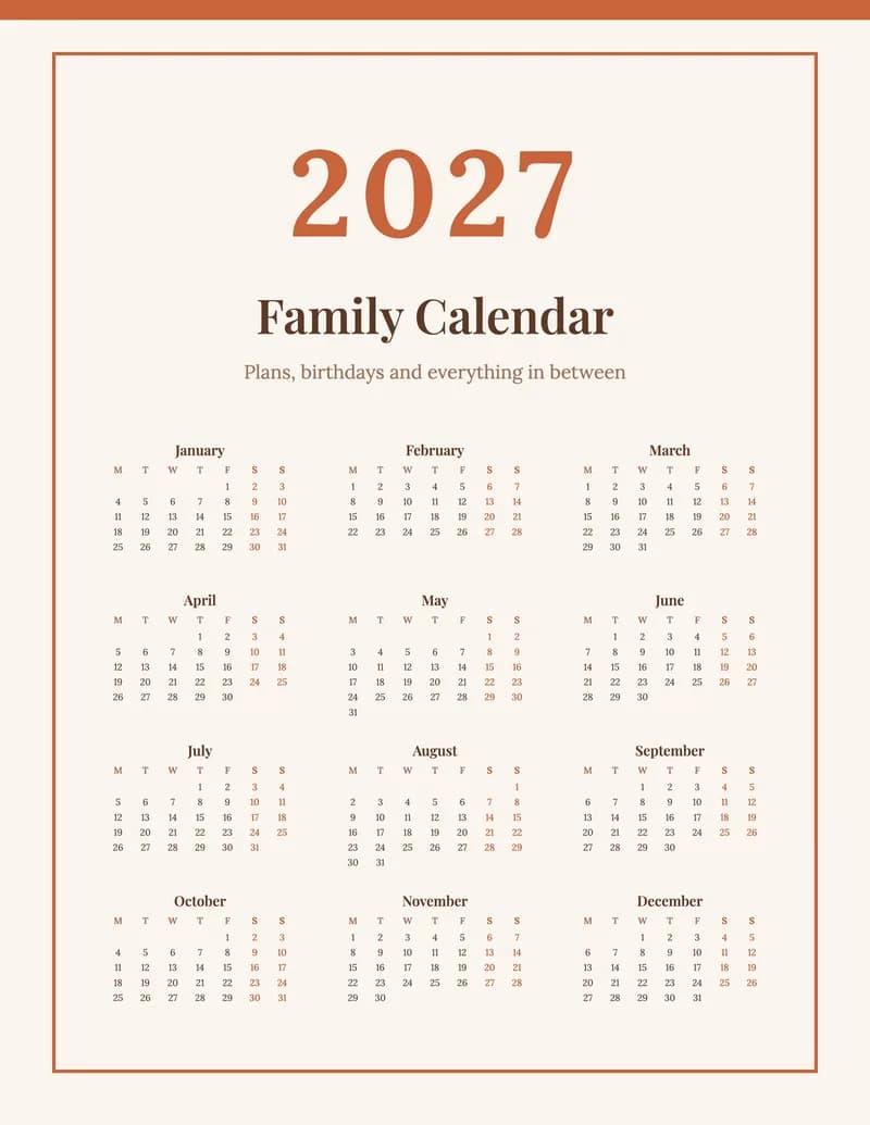 2027 Terracotta Calendar (US Letter)