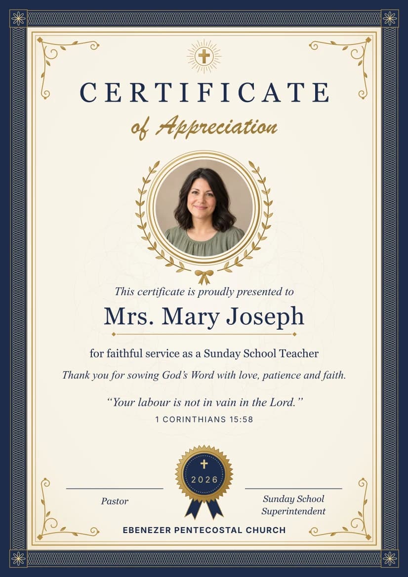 Sunday School · Certificate of Appreciation