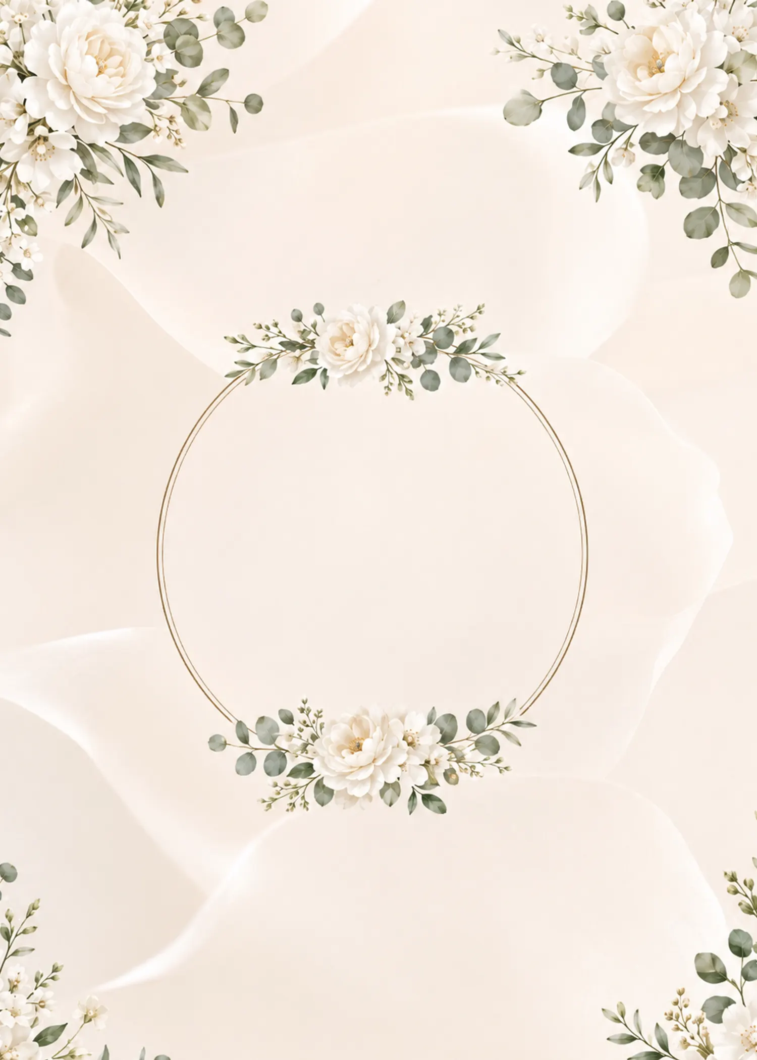 Ivory roses, eucalyptus and a fine gold wreath