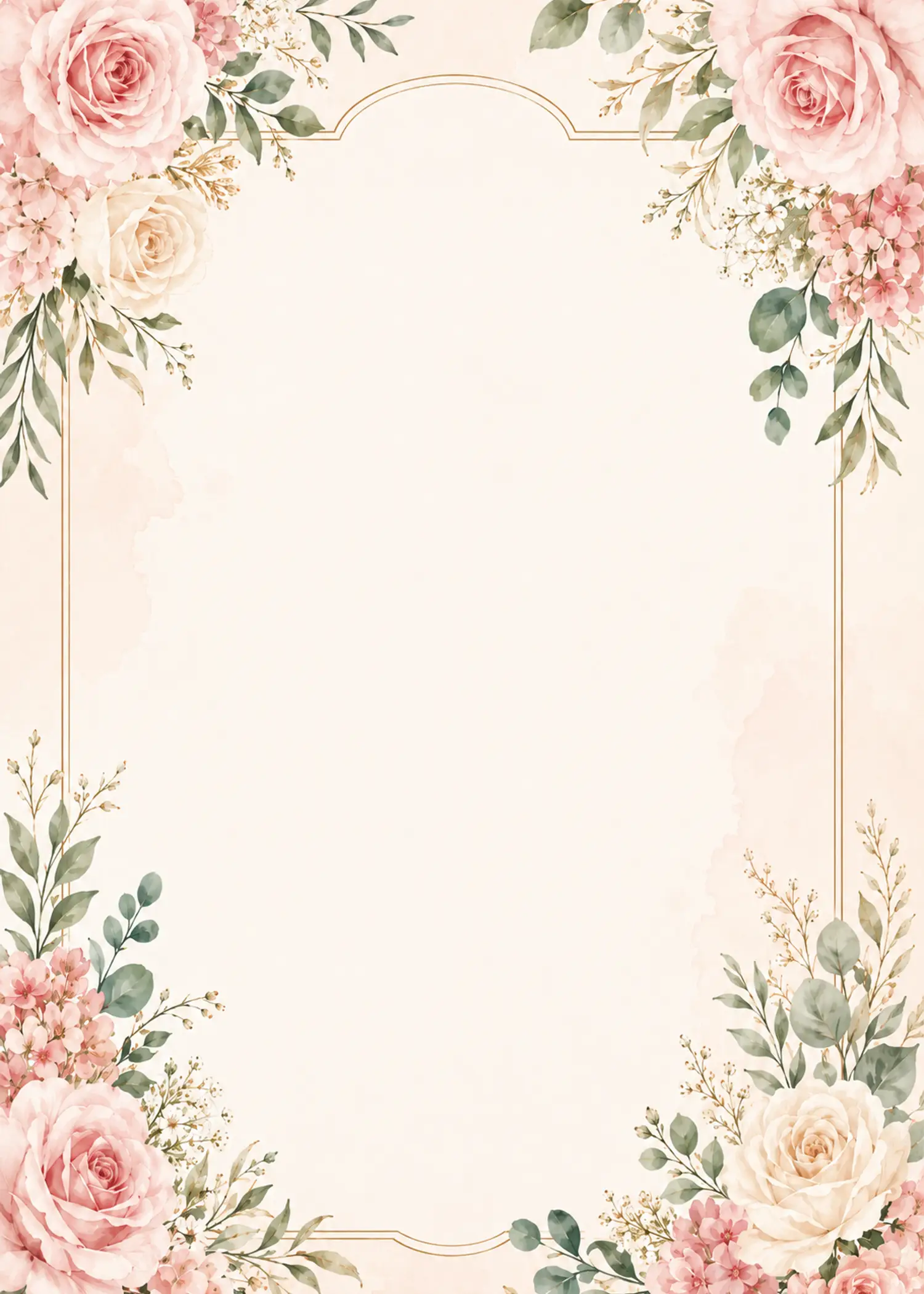Watercolor blush roses surrounding an elegant gold arch